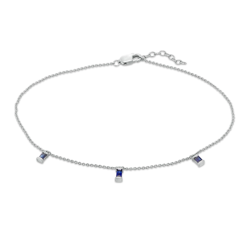 Baguette Lab-Created Blue Sapphire Three Stone Charm Station Anklet in Sterling Silver - 10"|Peoples Jewellers