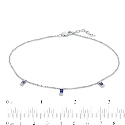 Baguette Lab-Created Blue Sapphire Three Stone Charm Station Anklet in Sterling Silver - 10"