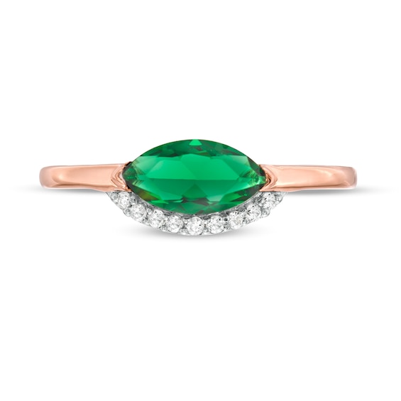 Sideways Marquise Lab-Created Emerald and White Sapphire Curved Halo Ring in Sterling Silver with 14K Rose Gold Plate