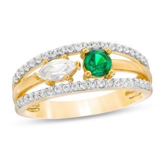 Lab-Created Emerald and White Sapphire Two Stone Triple Row Split Shank Ring in Sterling Silver with 14K Gold Plate