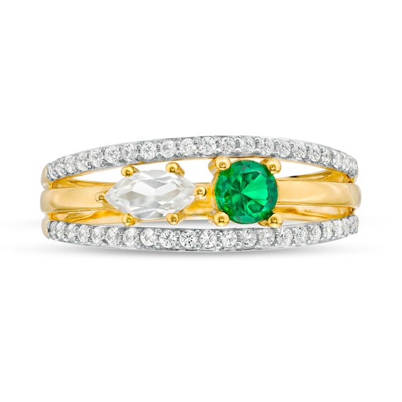 Lab-Created Emerald and White Sapphire Two Stone Triple Row Split Shank Ring in Sterling Silver with 14K Gold Plate