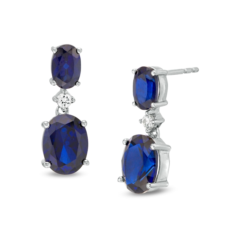 Oval Lab-Created Blue and White Sapphire Accent Double Drop Earrings in Sterling Silver|Peoples Jewellers