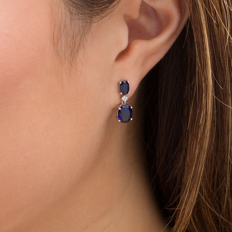 Oval Lab-Created Blue and White Sapphire Accent Double Drop Earrings in Sterling Silver