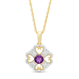 4.0mm Amethyst and 0.085 CT. T.W. Diamond Vintage-Style Heart-Shaped Four-Leaf Clover Pendant in 10K Gold