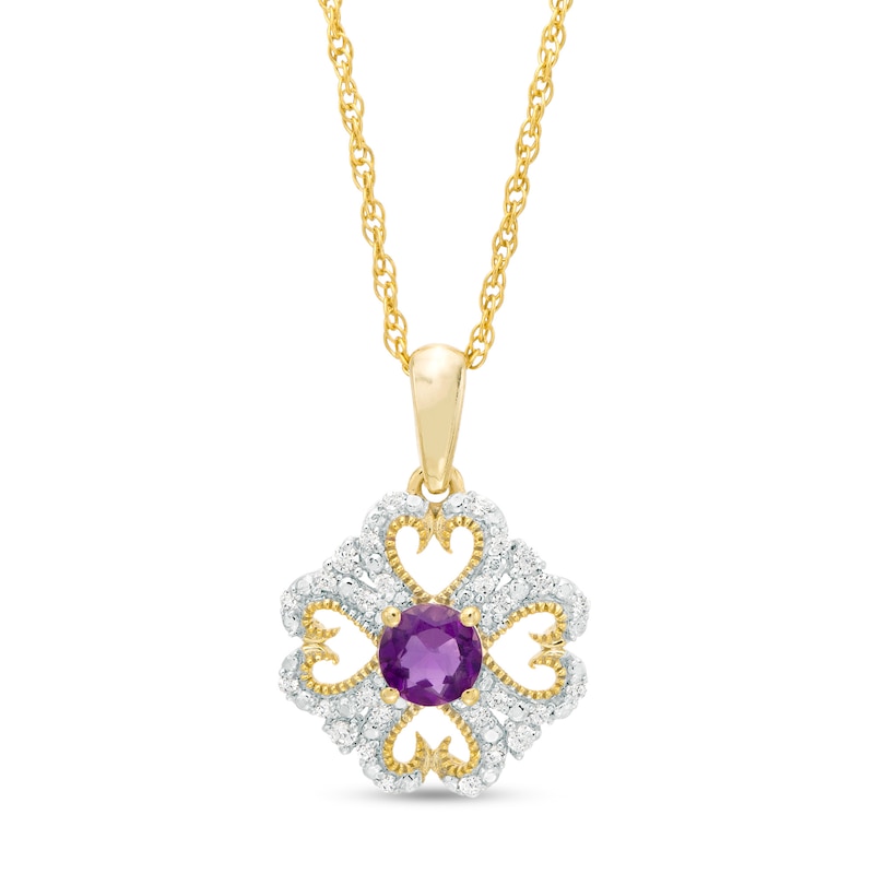4.0mm Amethyst and 0.085 CT. T.W. Diamond Vintage-Style Heart-Shaped Four-Leaf Clover Pendant in 10K Gold|Peoples Jewellers