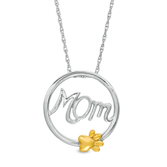 Cursive "Mom" and Paw Print Circle Frame Pendant in Sterling Silver and 10K Gold