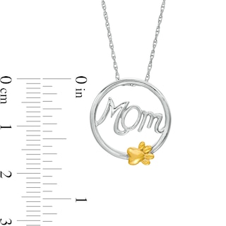 Cursive "Mom" and Paw Print Circle Frame Pendant in Sterling Silver and 10K Gold