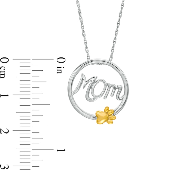 Cursive "Mom" and Paw Print Circle Frame Pendant in Sterling Silver and 10K Gold