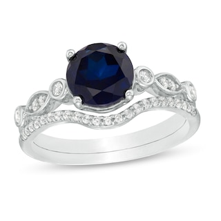 7.5mm Lab-Created Blue Sapphire and 0.15 CT. T.W. Diamond Geometric Bridal Set in Sterling Silver