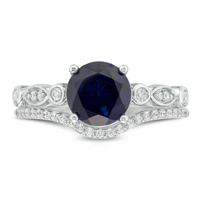 7.5mm Lab-Created Blue Sapphire and 0.15 CT. T.W. Diamond Geometric Bridal Set in Sterling Silver