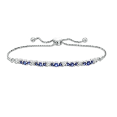 Lab-Created Blue Sapphire and 0.065 CT. T.W. Diamond Three Stone "X" and "O" Bolo Bracelet in Sterling Silver - 9.5"