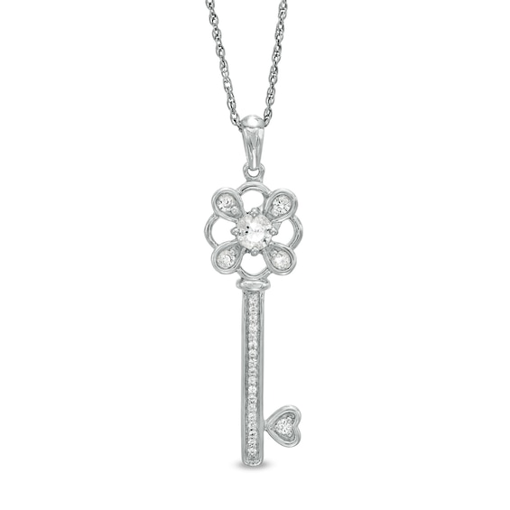 3.6mm Lab-Created White Sapphire Clover-Top and Heart Key Pendant in Sterling Silver