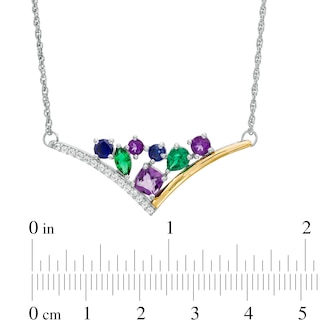 Multi-Gemstone and Lab-Created White Sapphire Triangle Cluster Chevron Necklace in Sterling Silver and 10K Gold