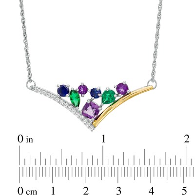 Multi-Gemstone and Lab-Created White Sapphire Triangle Cluster Chevron Necklace in Sterling Silver and 10K Gold