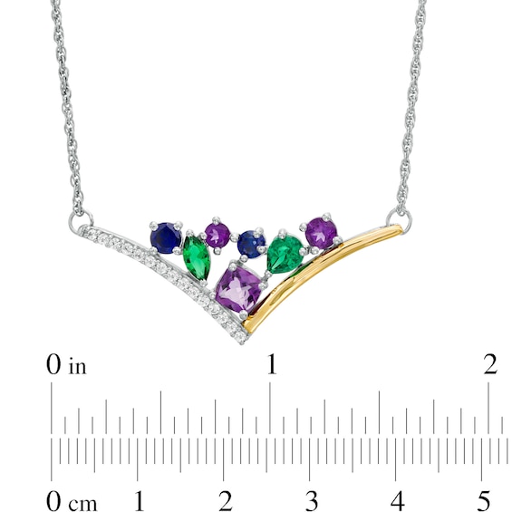 Multi-Gemstone and Lab-Created White Sapphire Triangle Cluster Chevron Necklace in Sterling Silver and 10K Gold