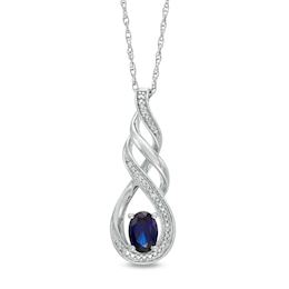 Oval Lab-Created Blue Sapphire and Diamond Accent Cascading Open Flame Pendant in Sterling Silver