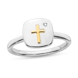 Stackable Expressions™ Diamond Accent Cross Cushion Signet Ring in Sterling Silver and 14K Gold