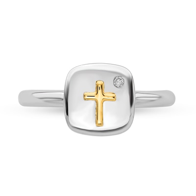 Stackable Expressions™ Diamond Accent Cross Cushion Signet Ring in Sterling Silver and 14K Gold