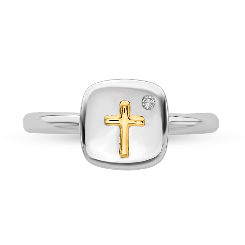 Stackable Expressions™ Diamond Accent Cross Cushion Signet Ring in Sterling Silver and 14K Gold|Peoples Jewellers