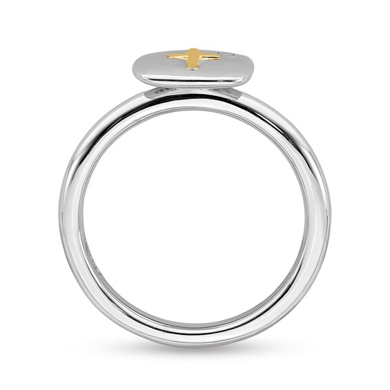 Stackable Expressions™ Diamond Accent Cross Cushion Signet Ring in Sterling Silver and 14K Gold