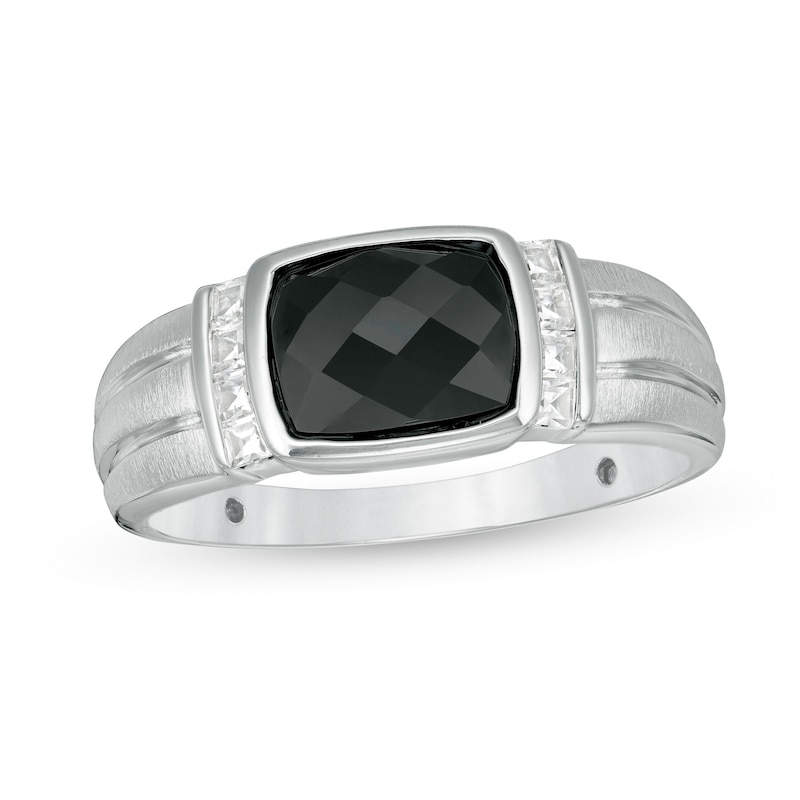 Men's Sideways Cushion-Cut Onyx and Lab-Created White Sapphire Collar Ring in Sterling Silver|Peoples Jewellers