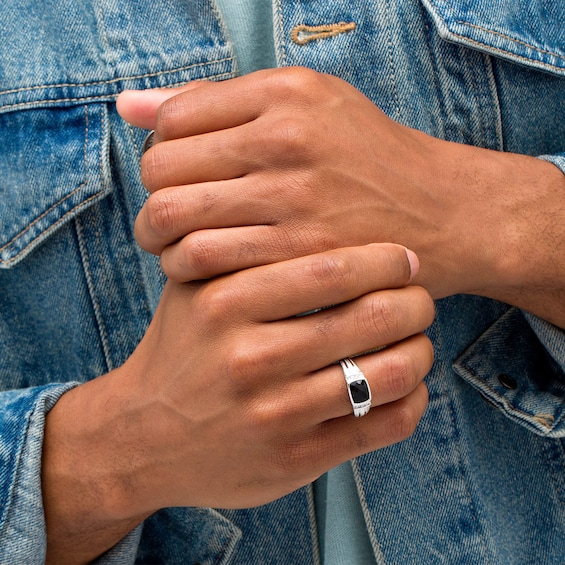 Men's Sideways Cushion-Cut Onyx and Lab-Created White Sapphire Collar Ring in Sterling Silver