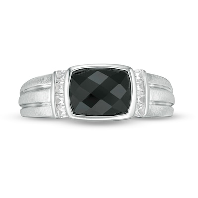 Men's Sideways Cushion-Cut Onyx and Lab-Created White Sapphire Collar Ring in Sterling Silver