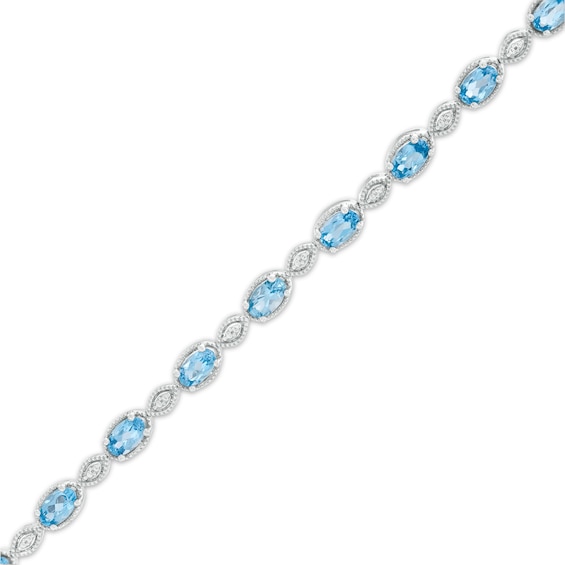 Oval Swiss Blue Topaz and Diamond Accent Vintage-Style Marquise Link Bracelet in Sterling Silver - 7.25"