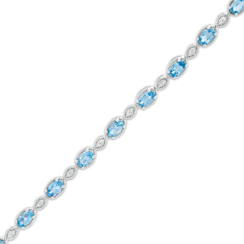 Oval Swiss Blue Topaz and Diamond Accent Vintage-Style Marquise Link Bracelet in Sterling Silver - 7.25"|Peoples Jewellers