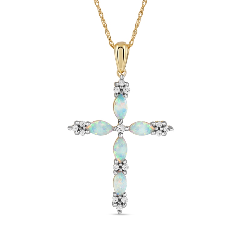 Marquise Lab-Created Opal and 0.08 CT. T.W. Diamond Cross Pendant in 10K Gold|Peoples Jewellers