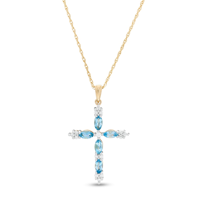 Marquise Swiss Blue Topaz and 0.08 CT. T.W. Diamond Cross Pendant in 10K Gold|Peoples Jewellers