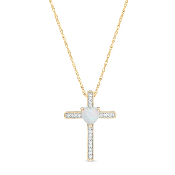 5.0mm Heart-Shaped Lab-Created Opal and 0.05 CT. T.W. Diamond Vintage-Style Cross Pendant in 10K Gold