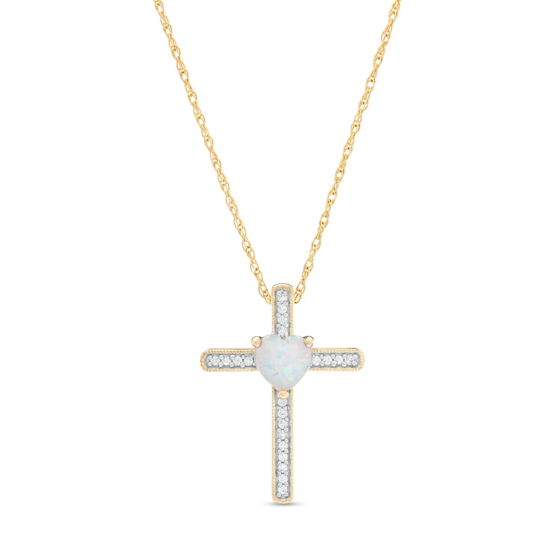 5.0mm Heart-Shaped Lab-Created Opal and 0.05 CT. T.W. Diamond Vintage-Style Cross Pendant in 10K Gold|Peoples Jewellers
