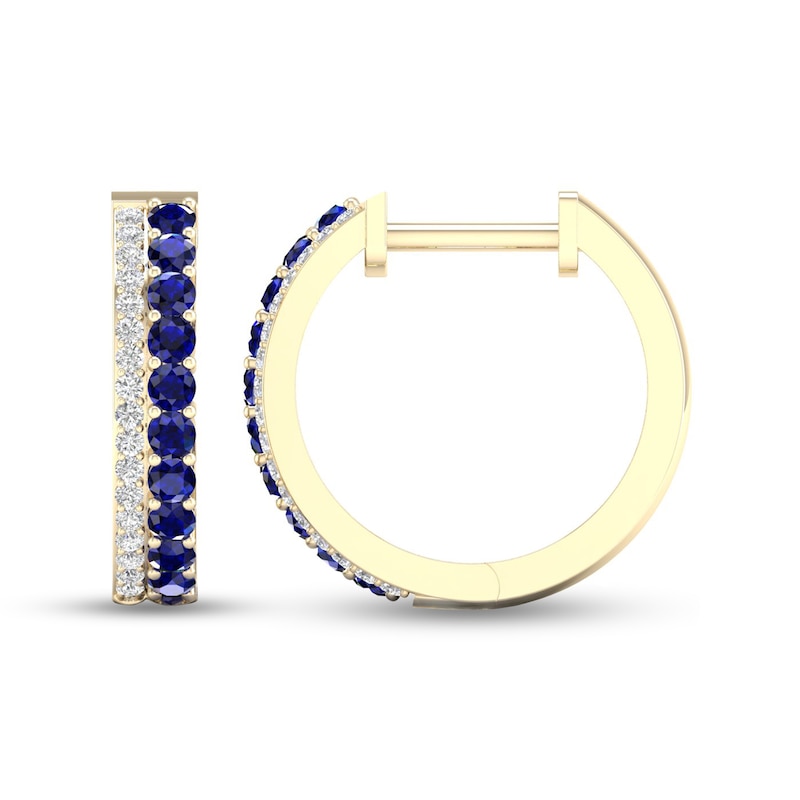 Blue Sapphire and 0.10 CT. T.W. Diamond Double Row Hoop Earrings in 10K Gold|Peoples Jewellers
