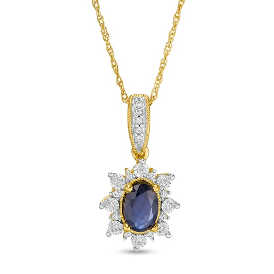 Oval Blue Sapphire and 0.08 CT. T.W. Diamond Sun Frame Vintage-Style Pendant in 10K Gold