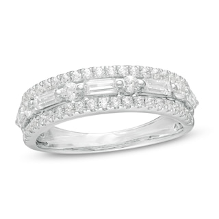 0.69 CT. T.W. Baguette and Round Diamond Multi-Row Anniversary Ring in 14K White Gold