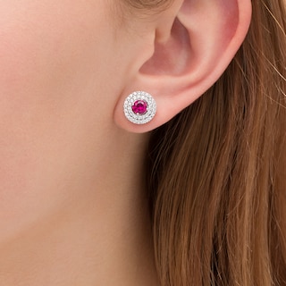 5.0mm Lab-Created Ruby and White Sapphire Double Frame Stud Earrings in Sterling Silver