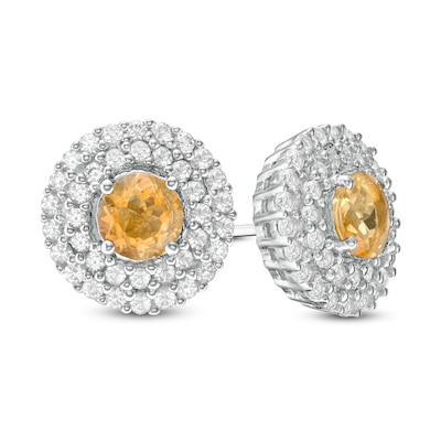 5.0mm Citrine and Lab-Created White Sapphire Double Frame Stud Earrings in Sterling Silver