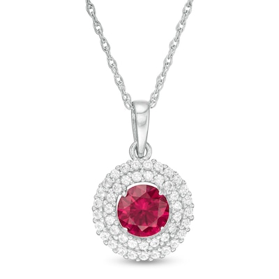 6.5mm Lab-Created Ruby and White Sapphire Double Frame Pendant in Sterling Silver