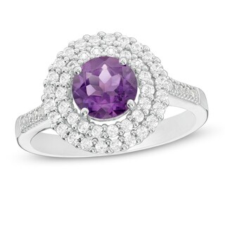 6.5mm Amethyst and Lab-Created White Sapphire Double Frame Ring in Sterling Silver