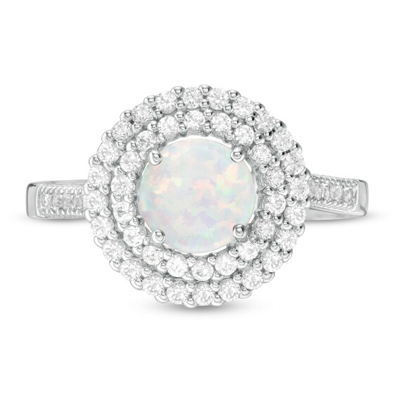 6.5mm Lab-Created Opal and White Sapphire Double Frame Ring in Sterling Silver