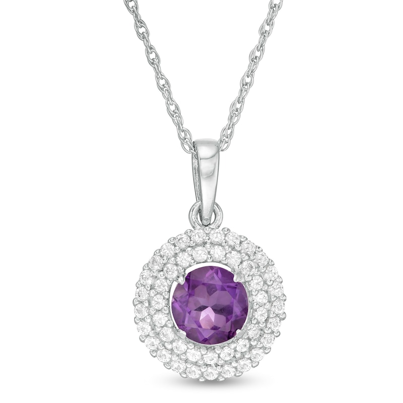 Main Image 1 of 6.5mm Amethyst and Lab-Created White Sapphire Double Frame Pendant in Sterling Silver