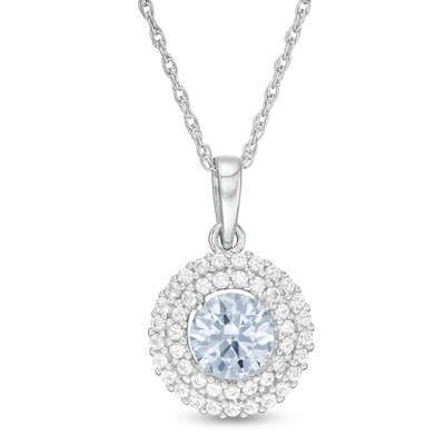 6.5mm Lab-Created Blue Spinel and White Sapphire Double Frame Pendant in Sterling Silver