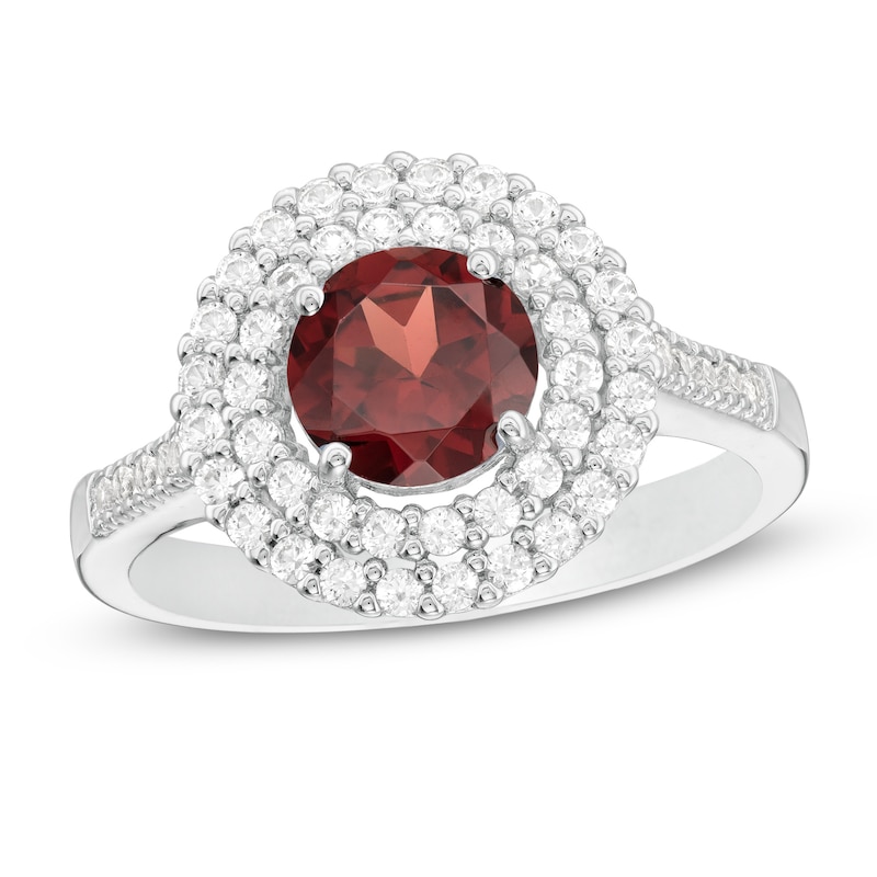 6.5mm Garnet and Lab-Created White Sapphire Double Frame Ring in Sterling Silver