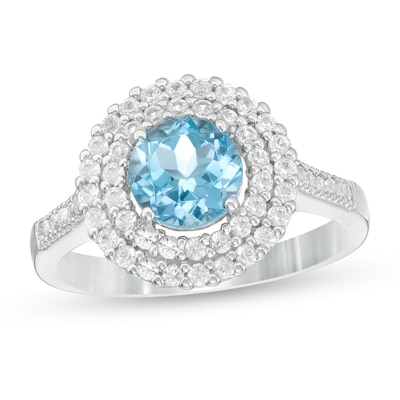 6.5mm Swiss Blue Topaz and Lab-Created White Sapphire Double Frame Ring in Sterling Silver