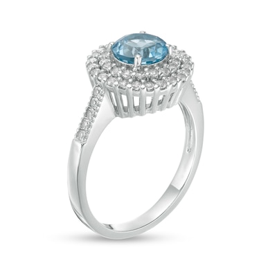 6.5mm Swiss Blue Topaz and Lab-Created White Sapphire Double Frame Ring in Sterling Silver