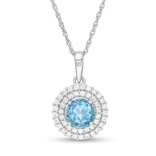 6.5mm Swiss Blue Topaz and Lab-Created White Sapphire Double Frame Pendant in Sterling Silver