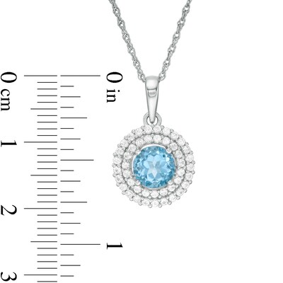 6.5mm Swiss Blue Topaz and Lab-Created White Sapphire Double Frame Pendant in Sterling Silver