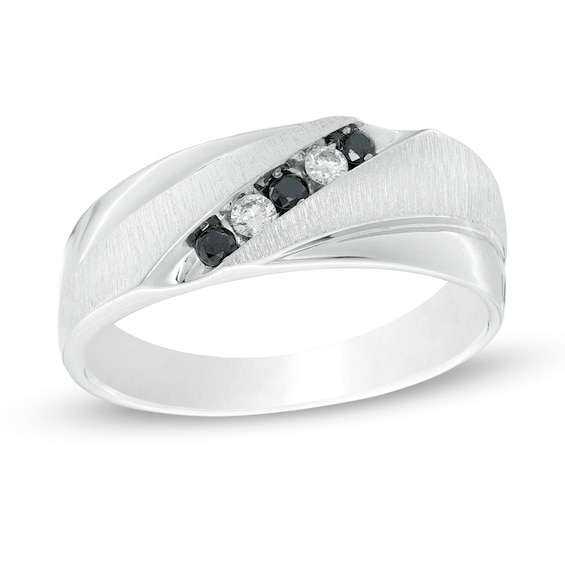 Men's 0.18 CT. T.W. Black and White Diamond Slant Five Stone Anniversary Band in Sterling Silver