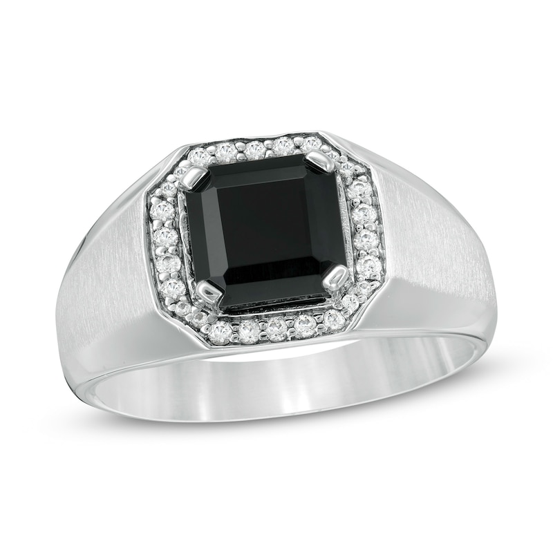 Men's 8.0mm Square Onyx and 0.18 CT. T.W. Diamond Octagonal Frame Ring in Sterling Silver|Peoples Jewellers